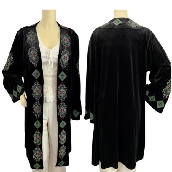 Pyramid Collection Velvet Cross-Stitch Boho Long Jacket Art-to-Wear Duster SMALL - Picture 1 of 8